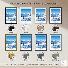 Morzine Wall Art framed prints with various frame colors including black, white, natural, brown, gold, silver, dark grey, and light grey.