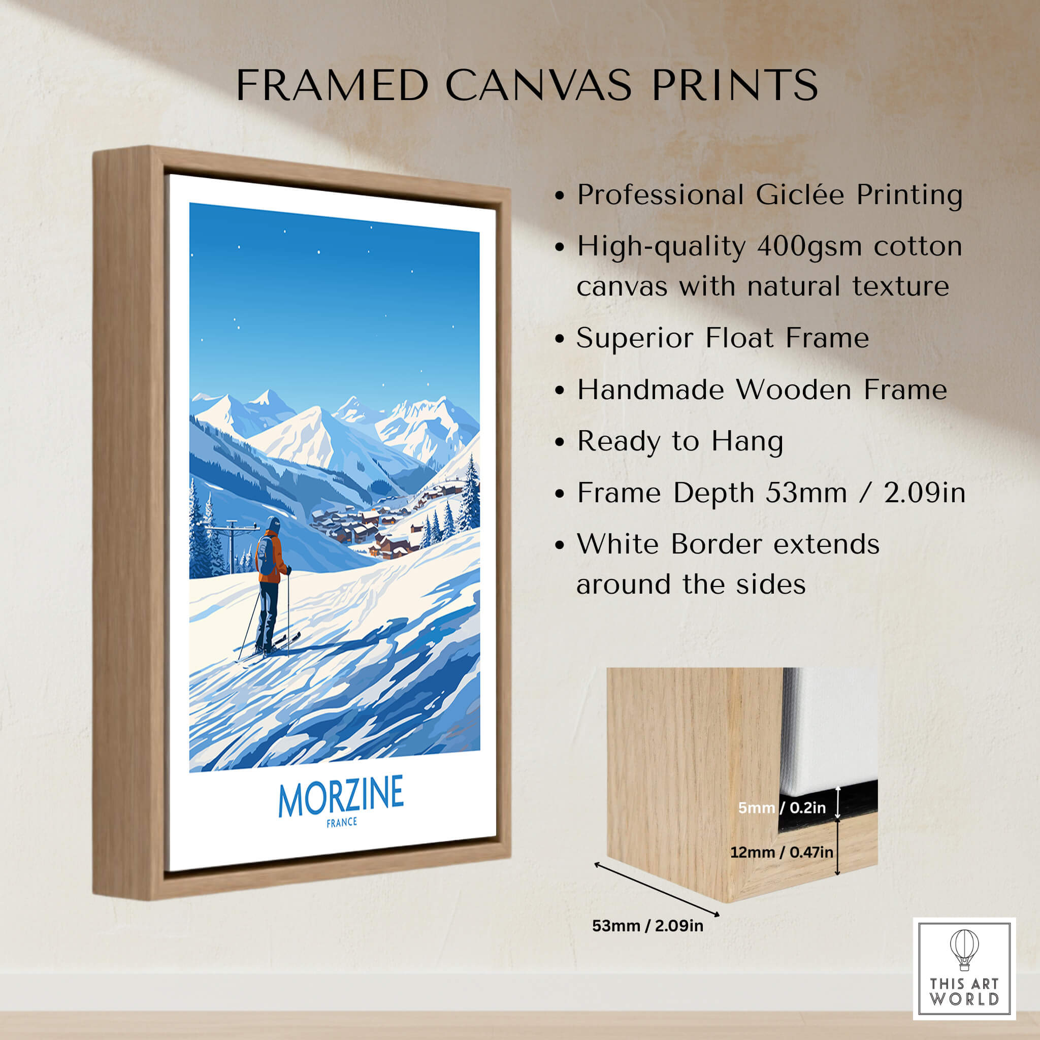 Morzine Wall Art framed canvas print showcasing skiing in the beautiful Morzine landscape.
