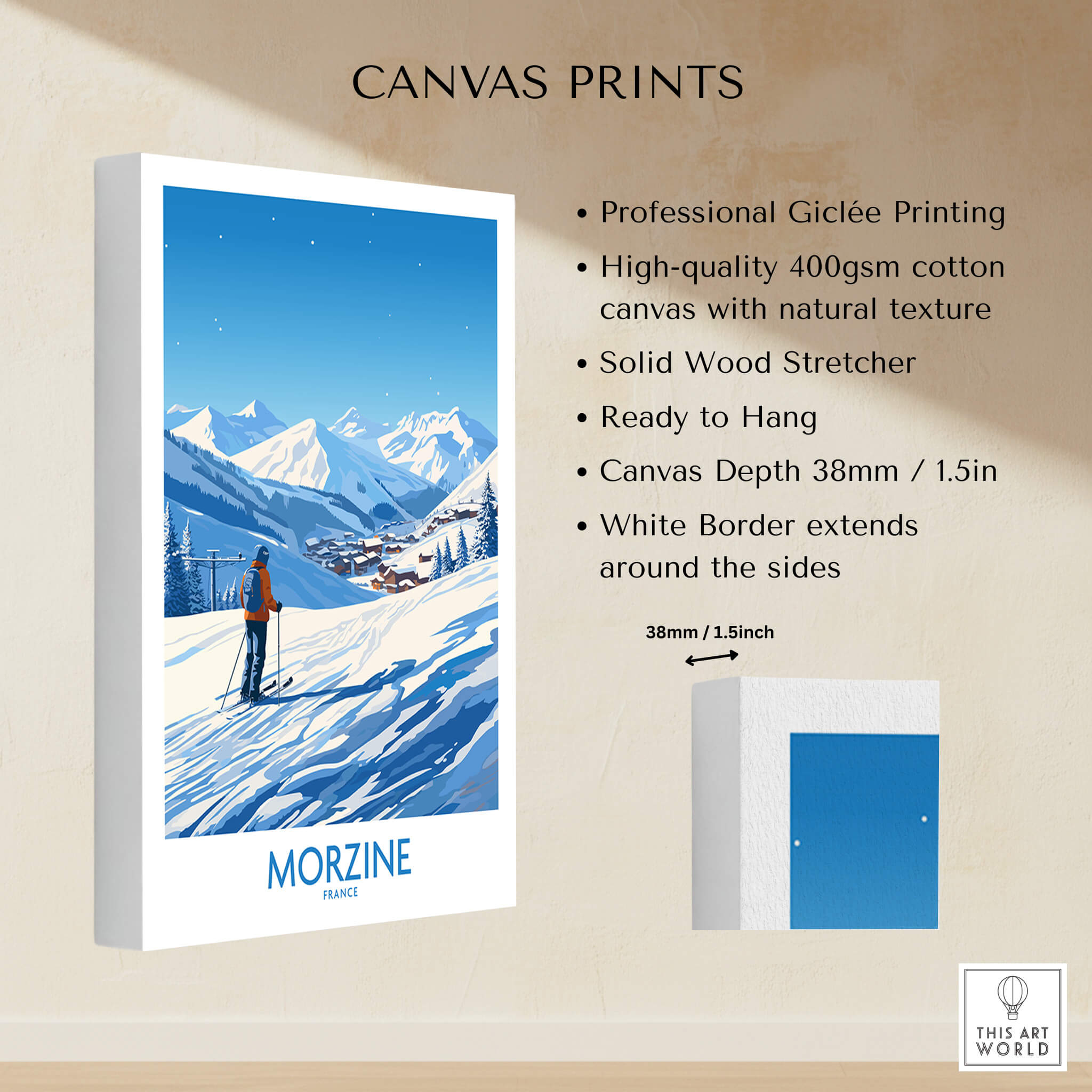 Morzine Wall Art showcasing a stunning ski landscape on a canvas print, perfect for home decor.