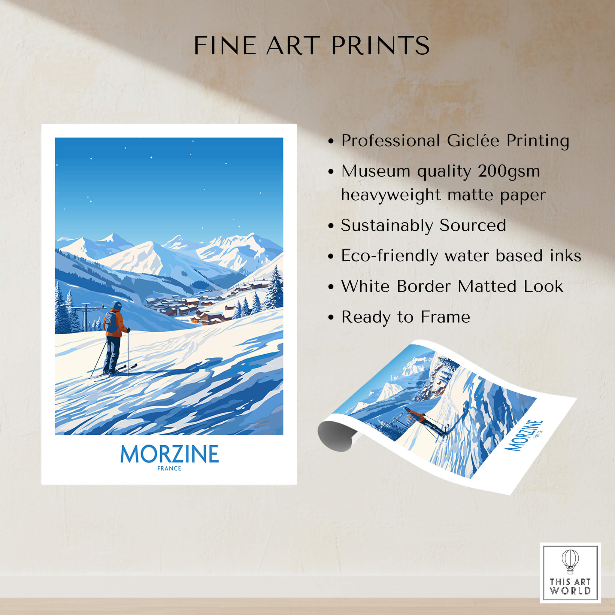 Morzine Wall Art featuring a stunning ski scene with mountains and a skier, perfect for ski enthusiasts.