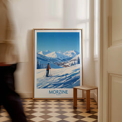 Morzine Wall Art showcasing a stunning ski poster in a stylish home interior, capturing the adventure of skiing.