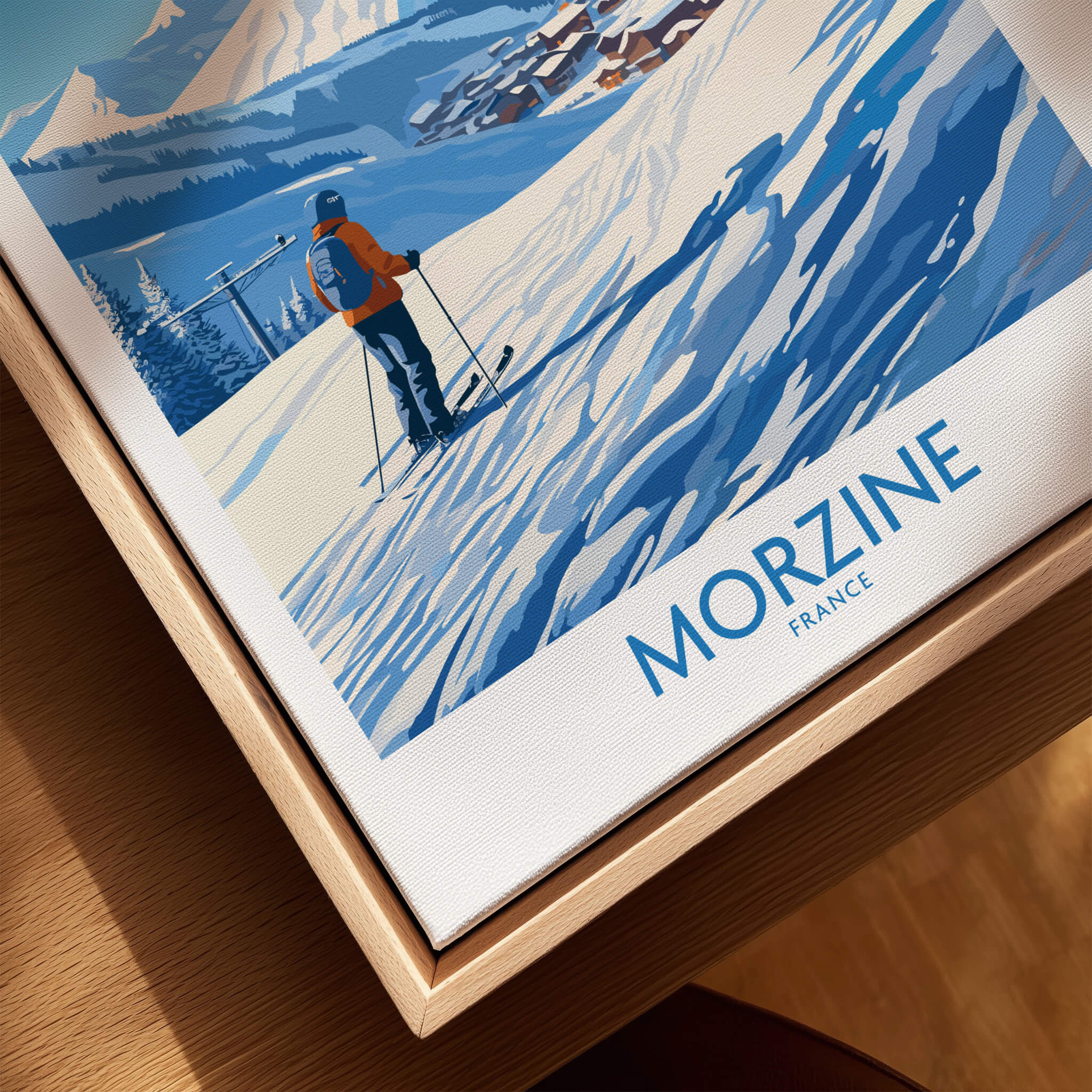 Morzine Wall Art featuring a skier on snowy slopes with the text Morzine, capturing the beauty of ski culture in France.