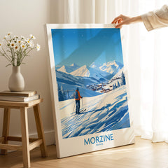 Morzine Wall Art featuring a skier against a stunning mountain backdrop, ideal for ski enthusiasts.