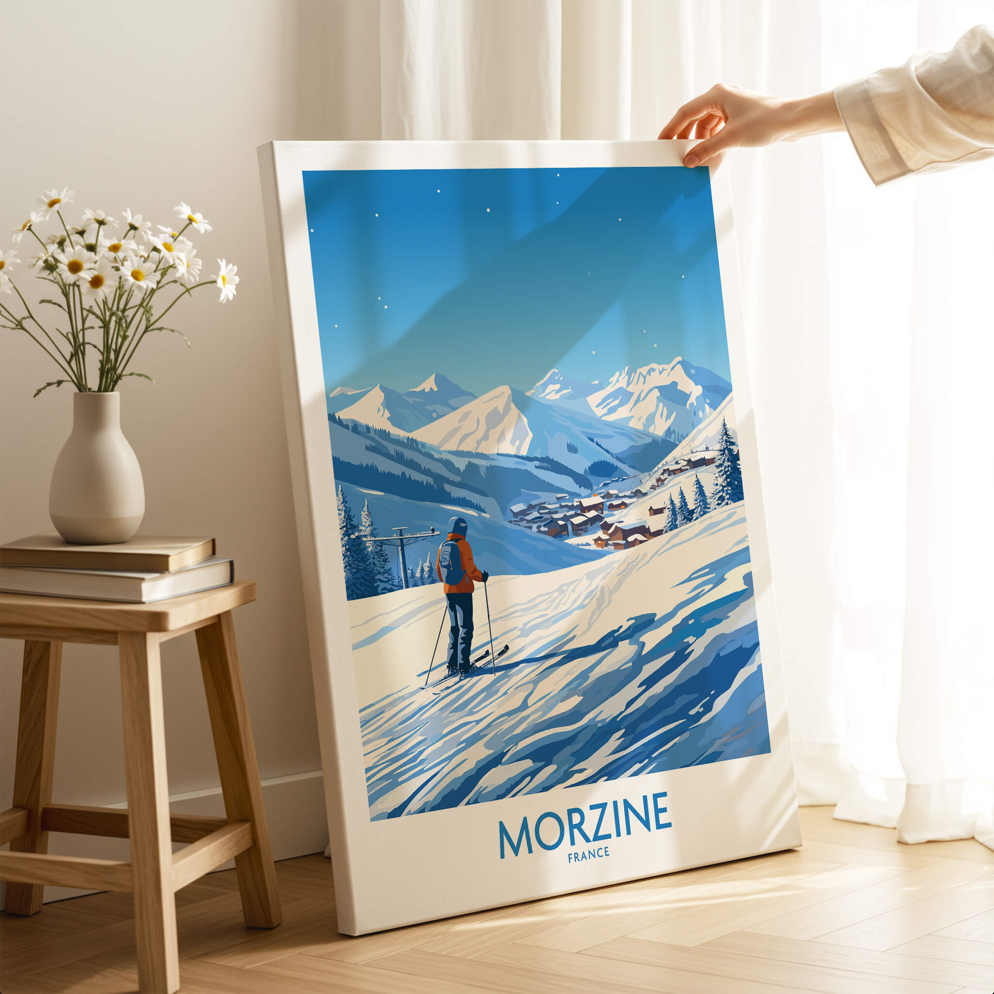 Morzine Wall Art featuring a skier against a stunning mountain backdrop, ideal for ski enthusiasts.