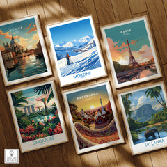 Collection of travel posters including Morzine Wall Art, showcasing beautiful landscapes and famous landmarks.