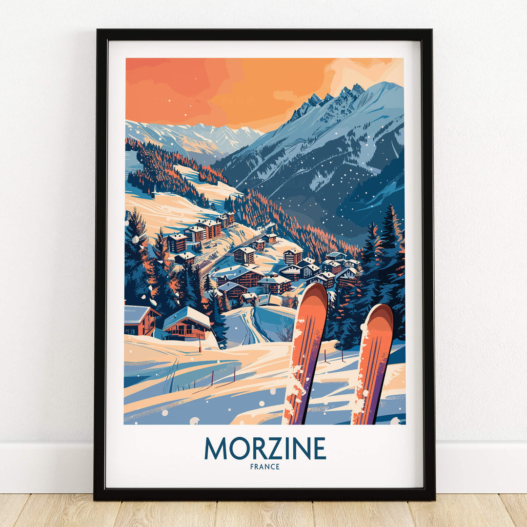 Morzine Wall Art Poster - Ski Print featuring a stunning ski scene with mountains and cozy chalets.
