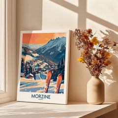 Morzine Wall Art Poster - Ski Print featuring a vibrant snowy mountain scene and ski gear, perfect for winter sports lovers.