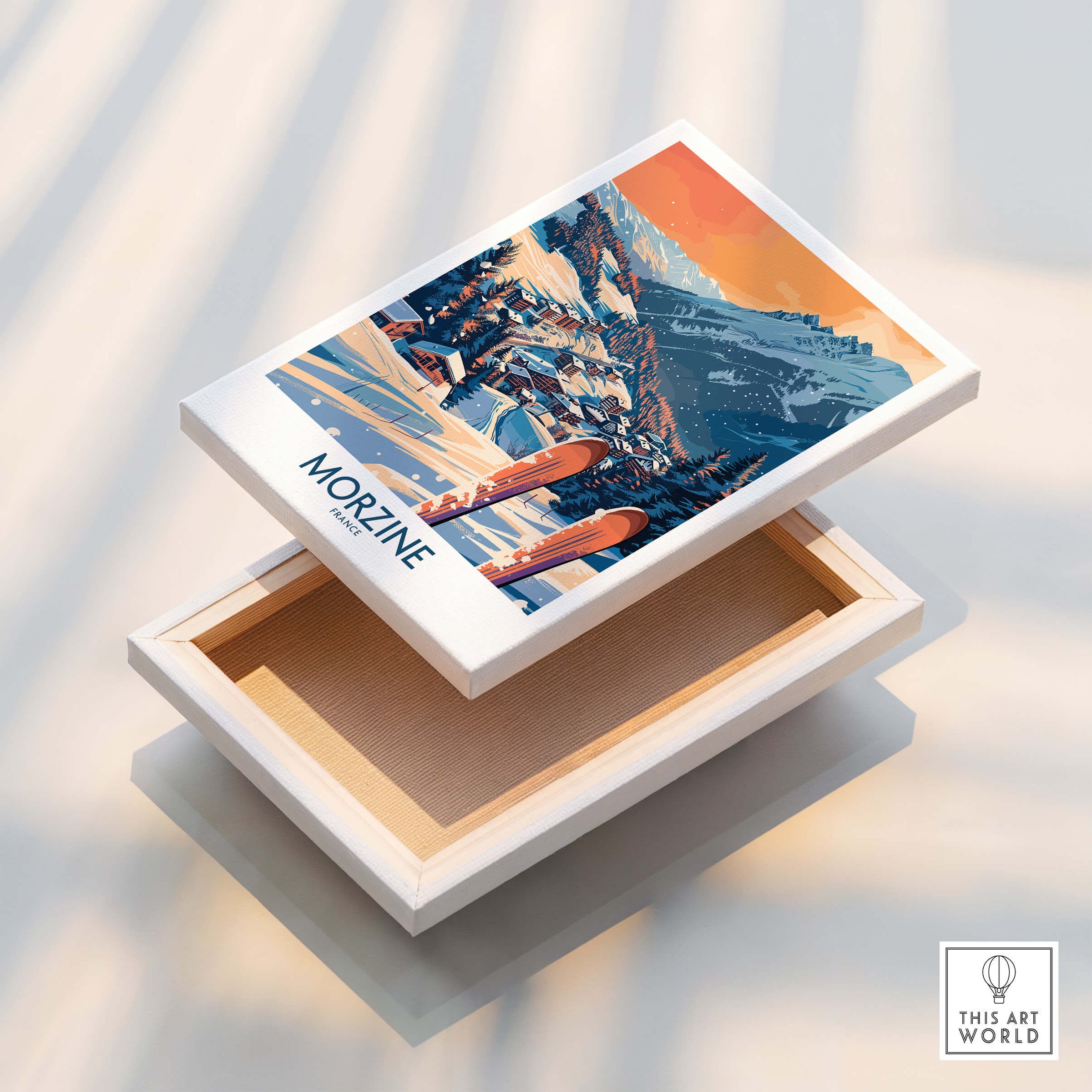 Morzine Wall Art Poster - Ski Print displayed on a wooden box showcasing a vibrant ski scene.