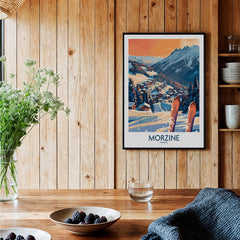 Morzine Wall Art Poster - Ski Print showcasing a captivating ski scene in a rustic home setting.