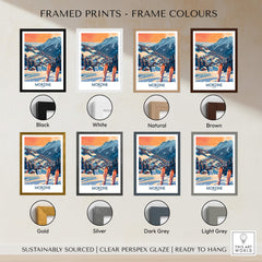 Morzine Wall Art Poster - Ski Print displayed in various frame colors including black, white, natural, brown, gold, and silver.