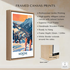 Morzine Wall Art Poster - Ski Print framed canvas featuring a scenic winter landscape and skier.