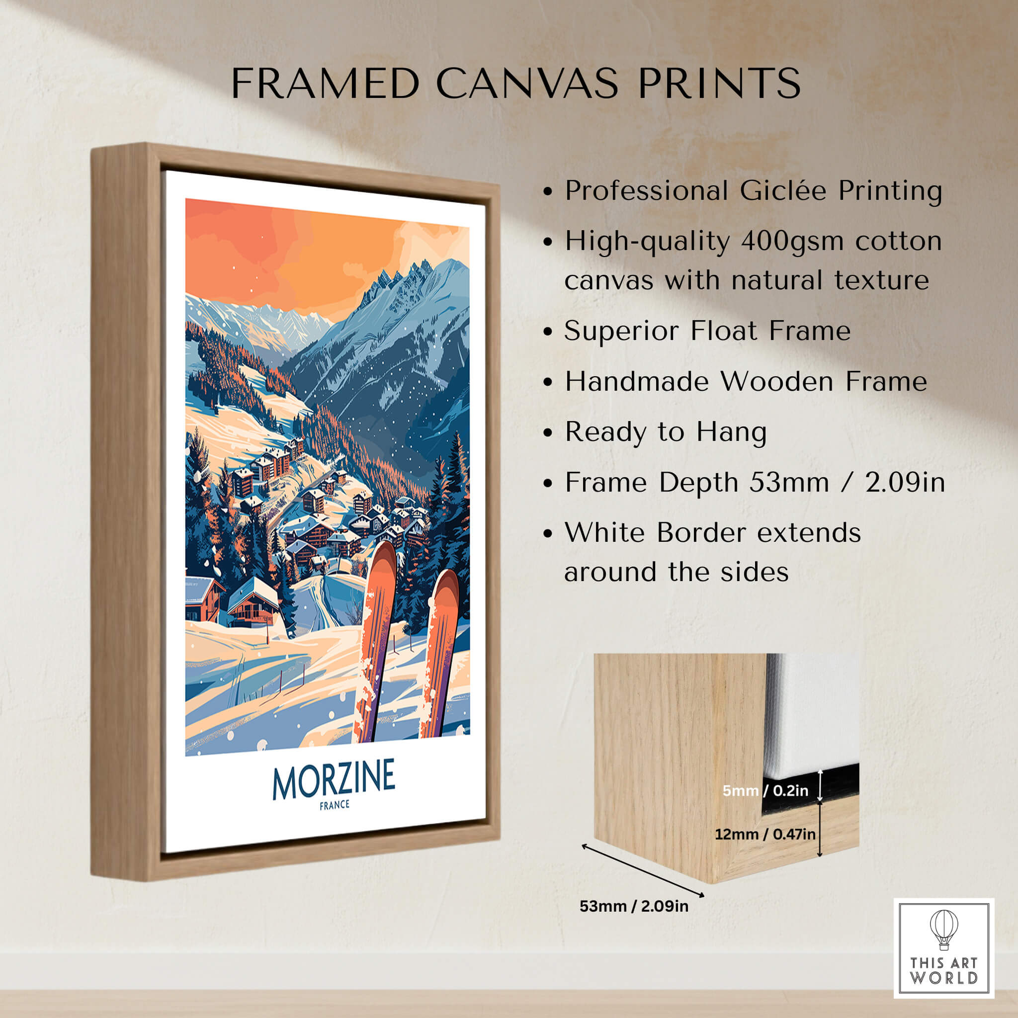 Morzine Wall Art Poster - Ski Print framed canvas featuring a scenic winter landscape and skier.