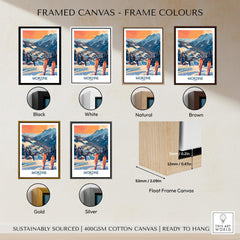 Framed canvas options for Morzine Wall Art Poster - Ski Print, showcasing various frame colors including black, white, gold, and more.