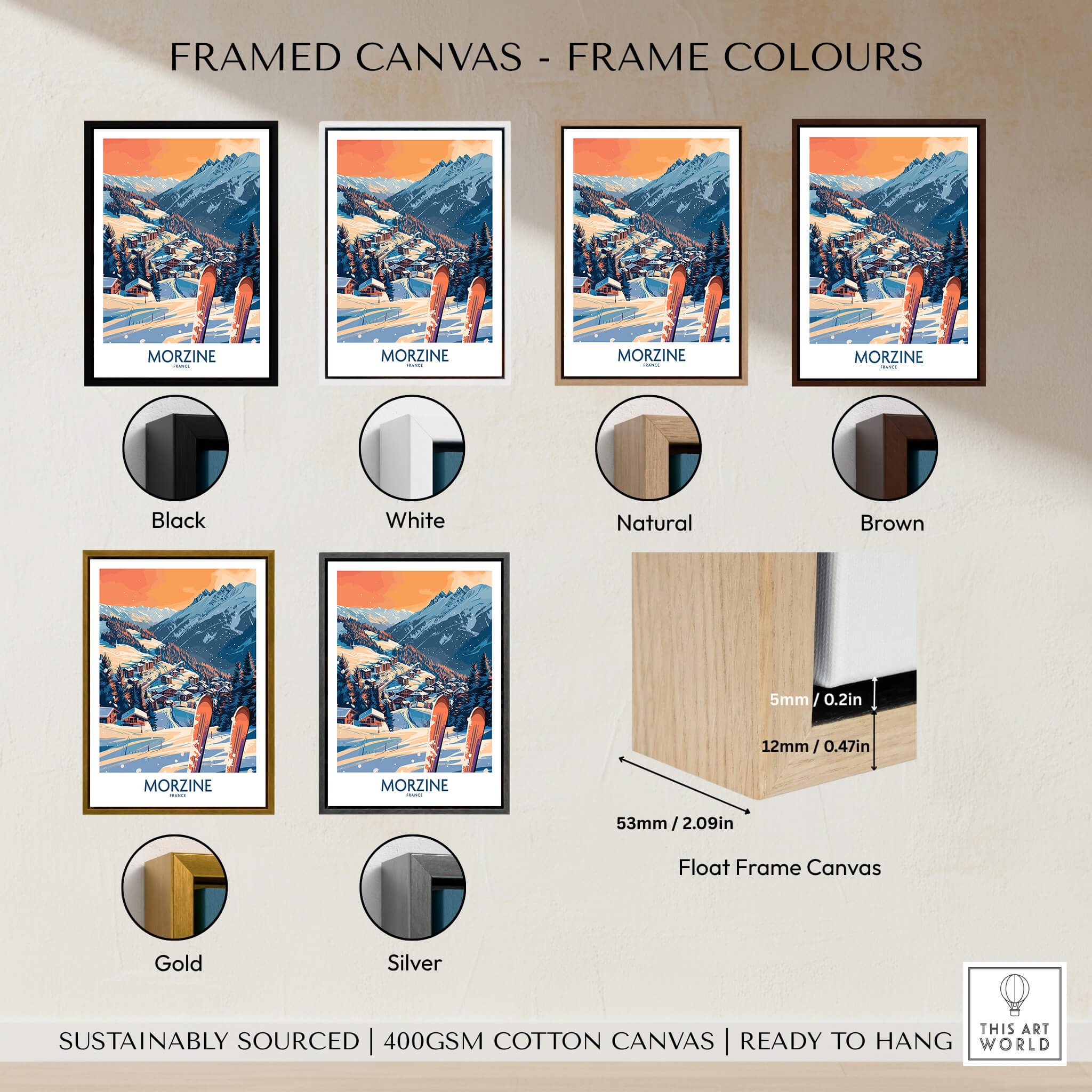 Framed canvas options for Morzine Wall Art Poster - Ski Print, showcasing various frame colors including black, white, gold, and more.