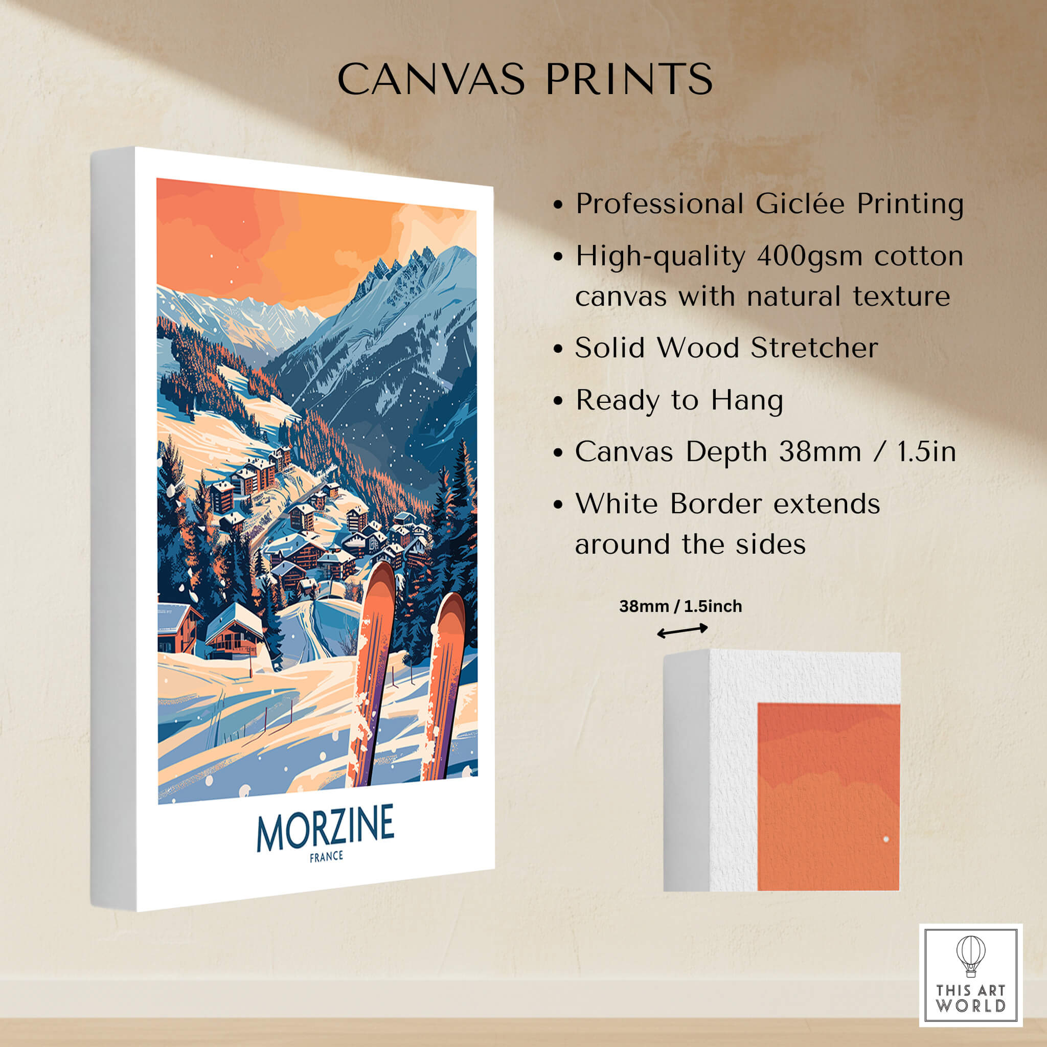 Morzine Wall Art Poster - Ski Print showcasing professional Giclée printing on high-quality canvas.