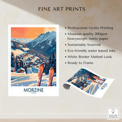 Morzine Wall Art Poster - Ski Print featuring a stunning ski resort scene with mountains and ski equipment.