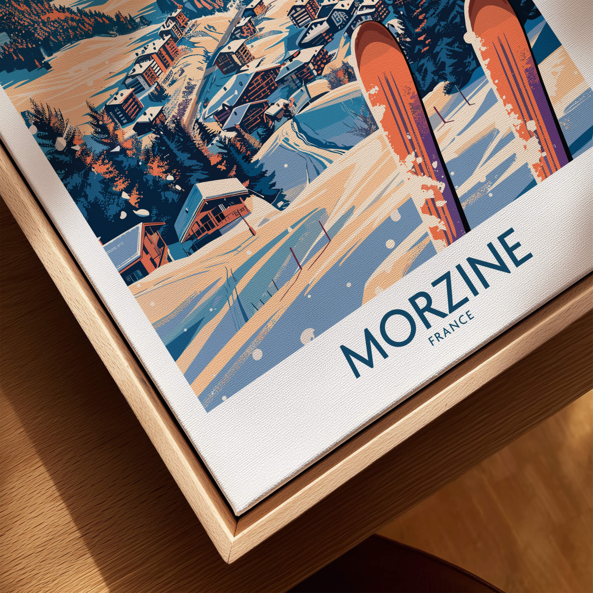 Morzine Wall Art Poster - Ski Print showcasing a scenic snowy landscape with ski equipment and chalet-style homes.