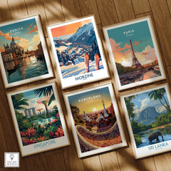 Morzine Wall Art Poster - Ski Print among various travel-themed art prints on display.