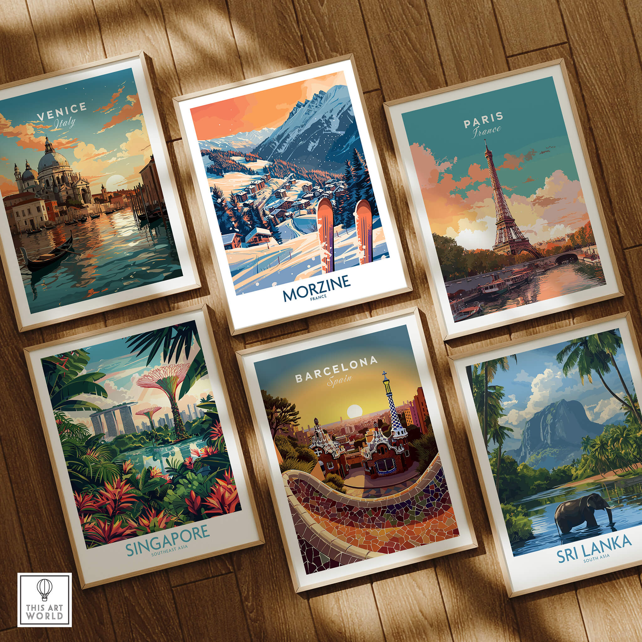 Morzine Wall Art Poster - Ski Print among various travel-themed art prints on display.