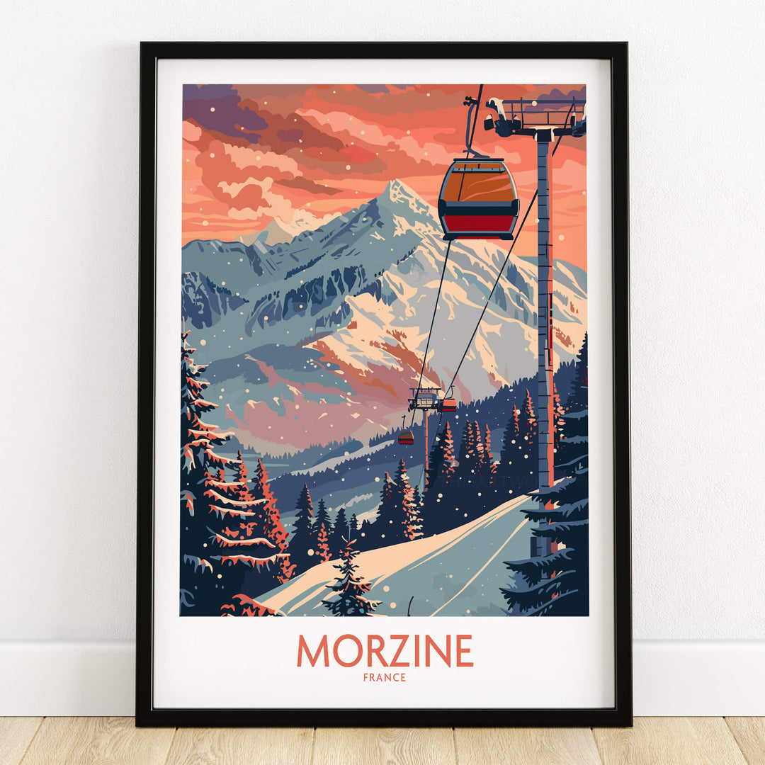 Morzine Poster - Ski Print France showcasing a ski lift in the French Alps at sunset, perfect for home decor.