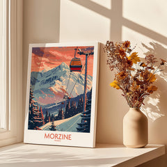 Morzine Poster - Ski Print France showcasing a picturesque view of ski slopes and cable cars in the French Alps.