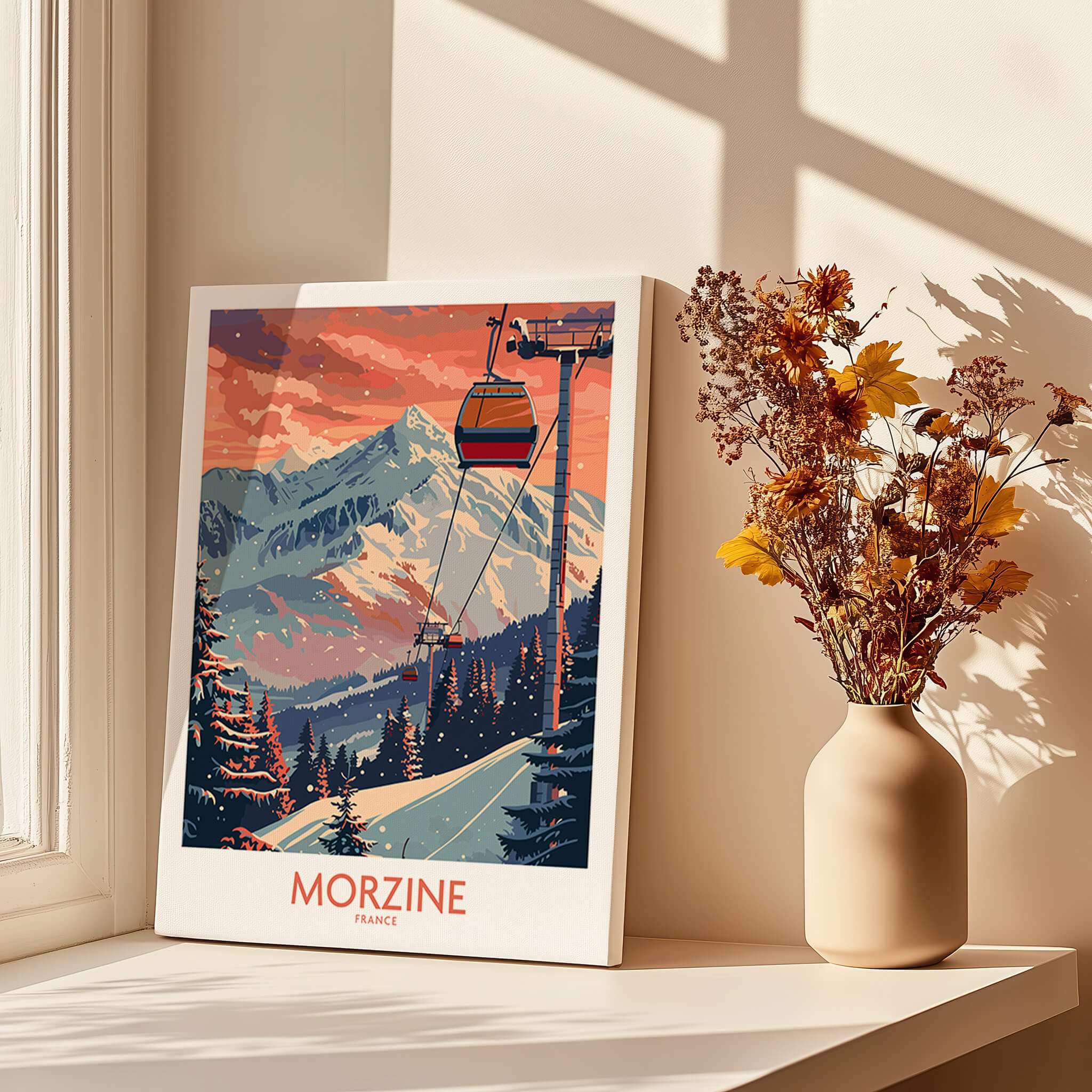 Morzine Poster - Ski Print France showcasing a picturesque view of ski slopes and cable cars in the French Alps.