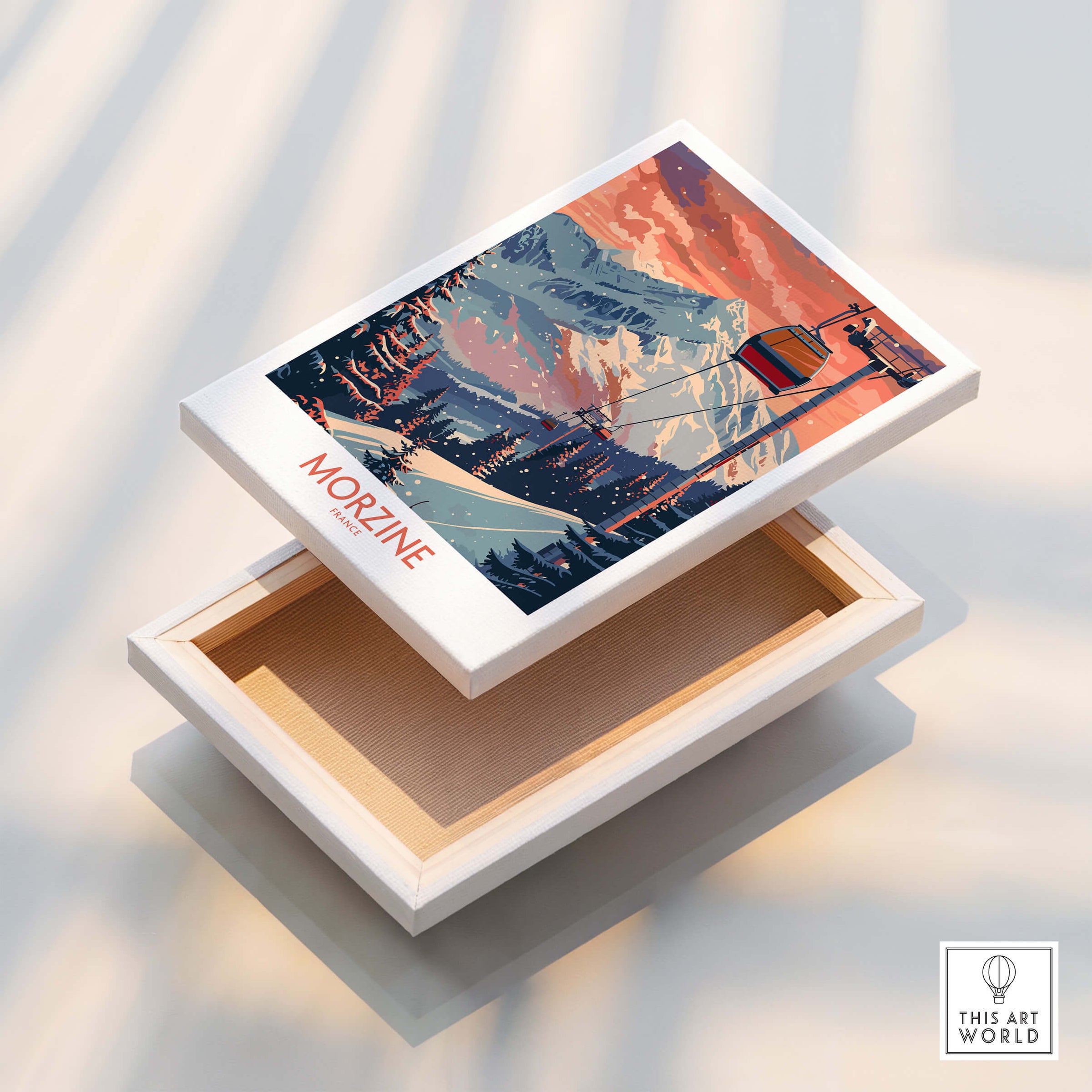 Morzine Poster - Ski Print France displayed on a wooden box showcasing the beauty of the Alps.