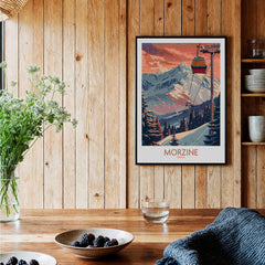 Morzine Poster - Ski Print France displayed in a cozy living room with wooden decor and plants.