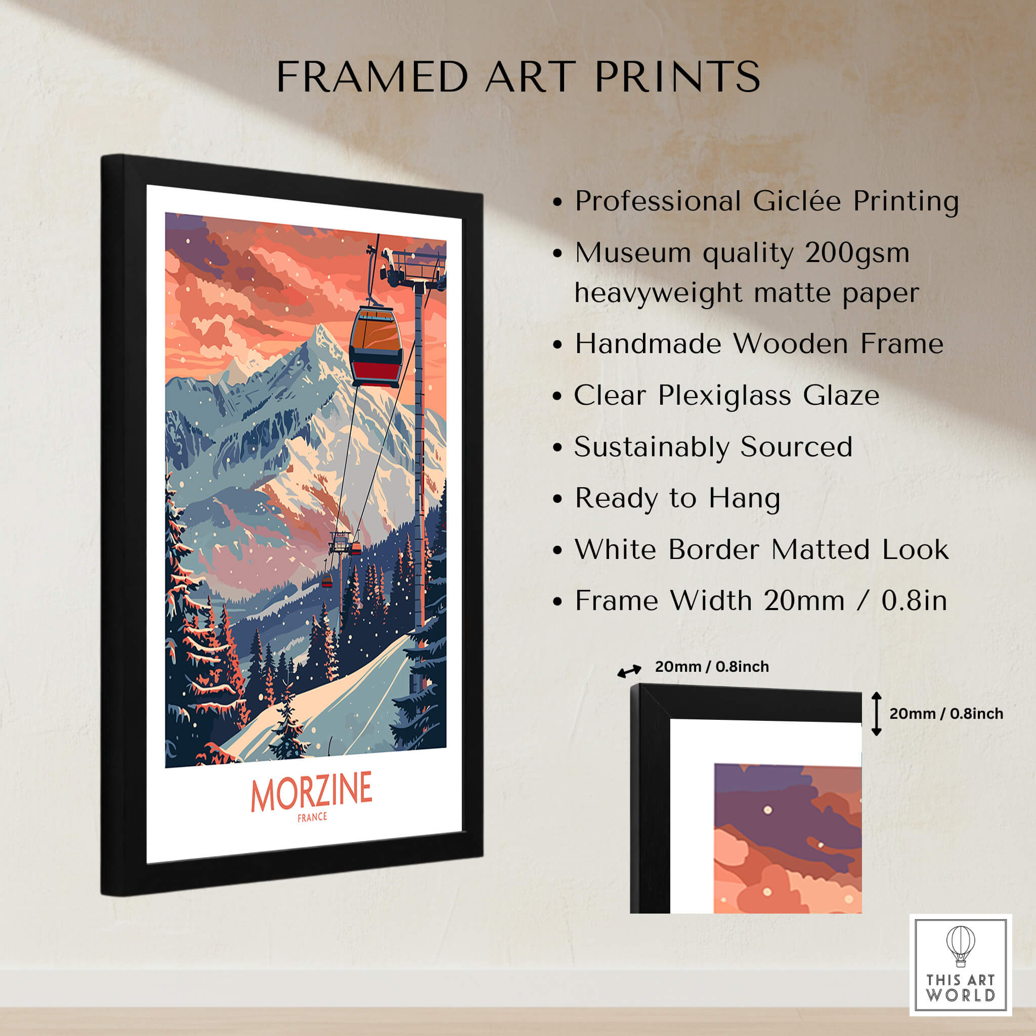 Morzine Poster - Ski Print France framed art print showcasing the beautiful French Alps and ski lift.
