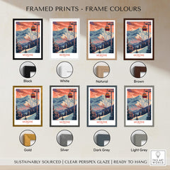 Morzine Poster - Ski Print France displayed in various frame colors options including Black, White, Natural, and more.