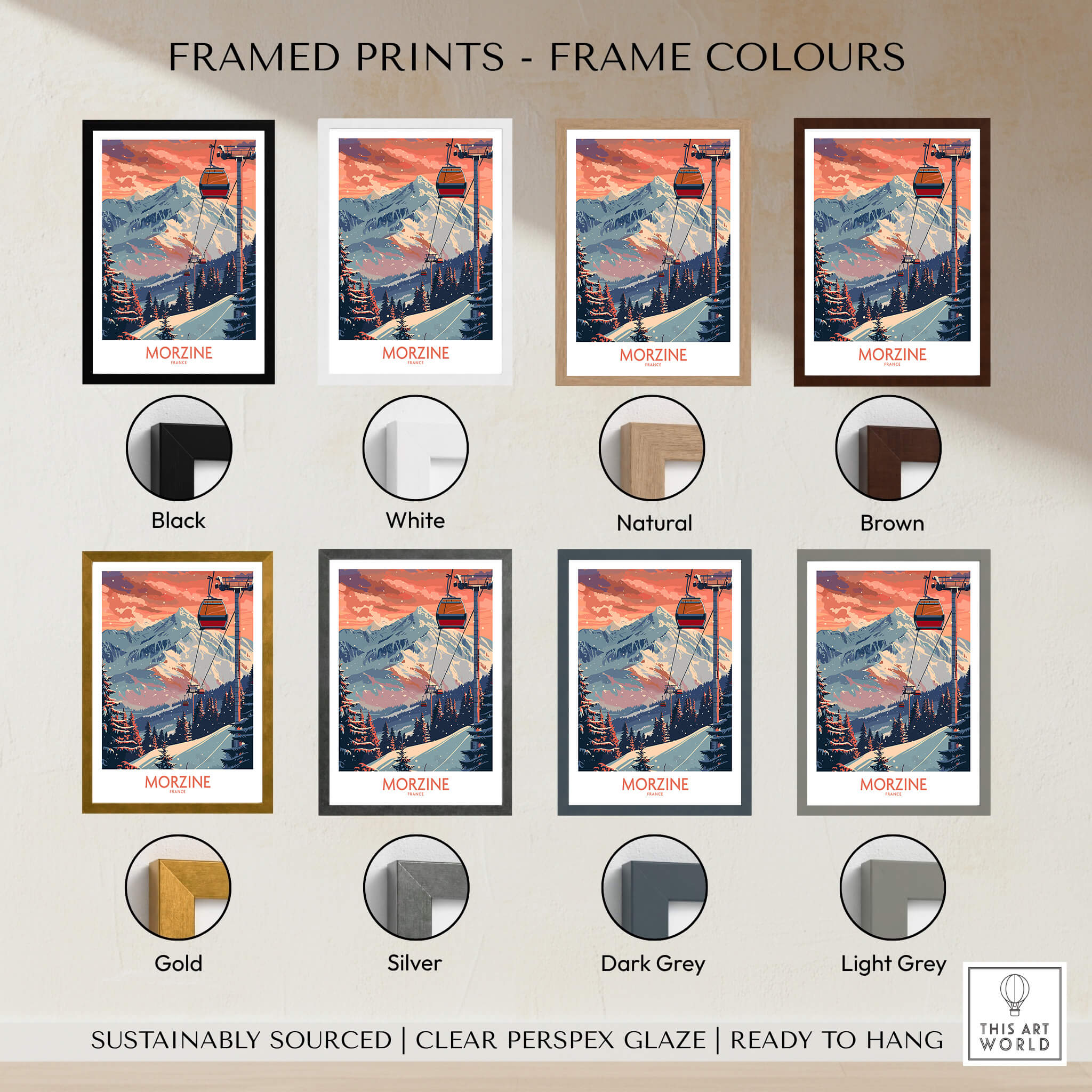 Morzine Poster - Ski Print France displayed in various frame colors options including Black, White, Natural, and more.