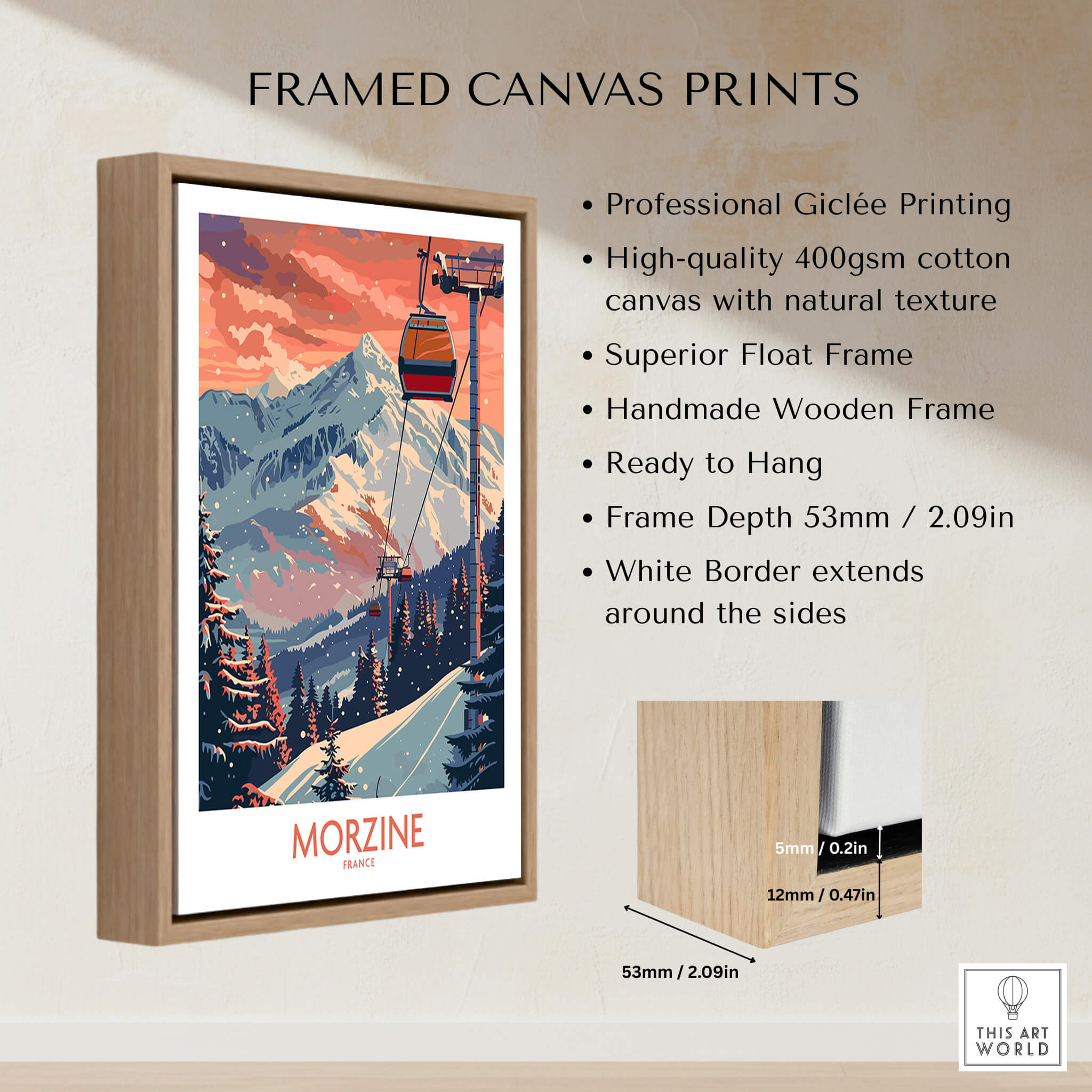Morzine Poster - Ski Print France framed canvas print showcasing the French Alps and ski lift.