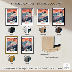 Framed canvas options for Morzine Poster - Ski Print France in various colors including black, white, natural, brown, gold, and silver.