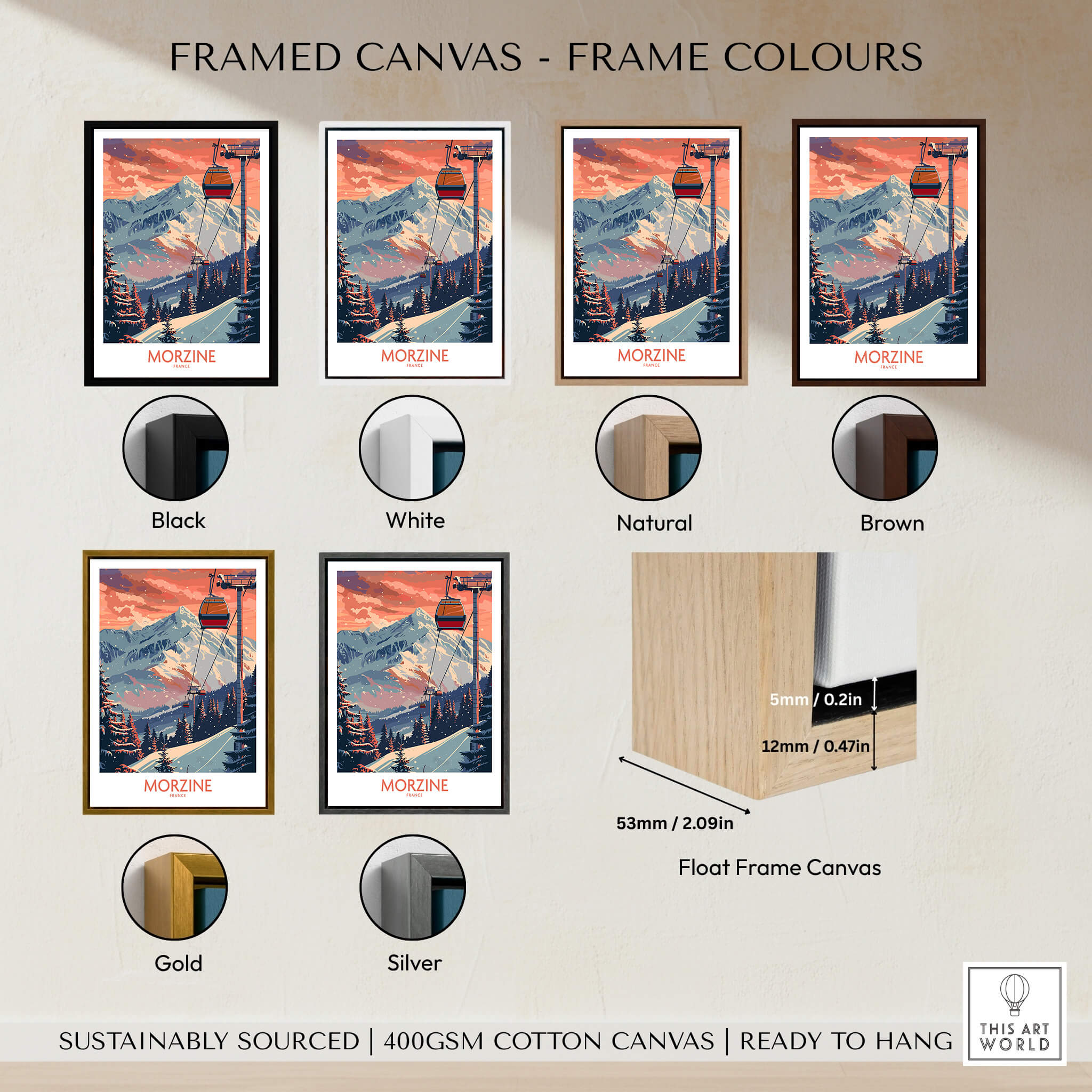 Framed canvas options for Morzine Poster - Ski Print France in various colors including black, white, natural, brown, gold, and silver.
