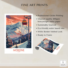 Morzine Poster - Ski Print France showcasing a picturesque ski scene with mountains and a gondola.