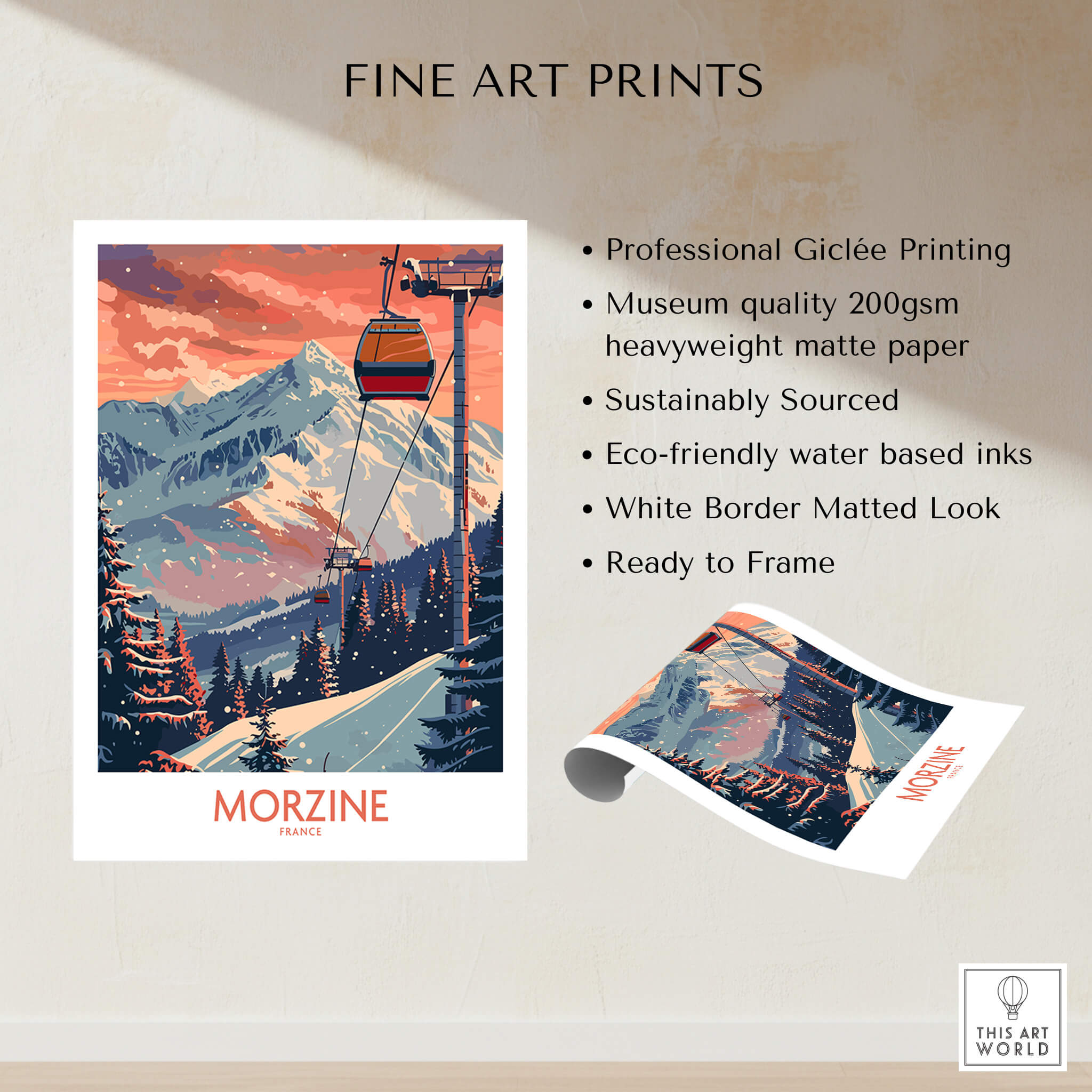 Morzine Poster - Ski Print France showcasing a picturesque ski scene with mountains and a gondola.