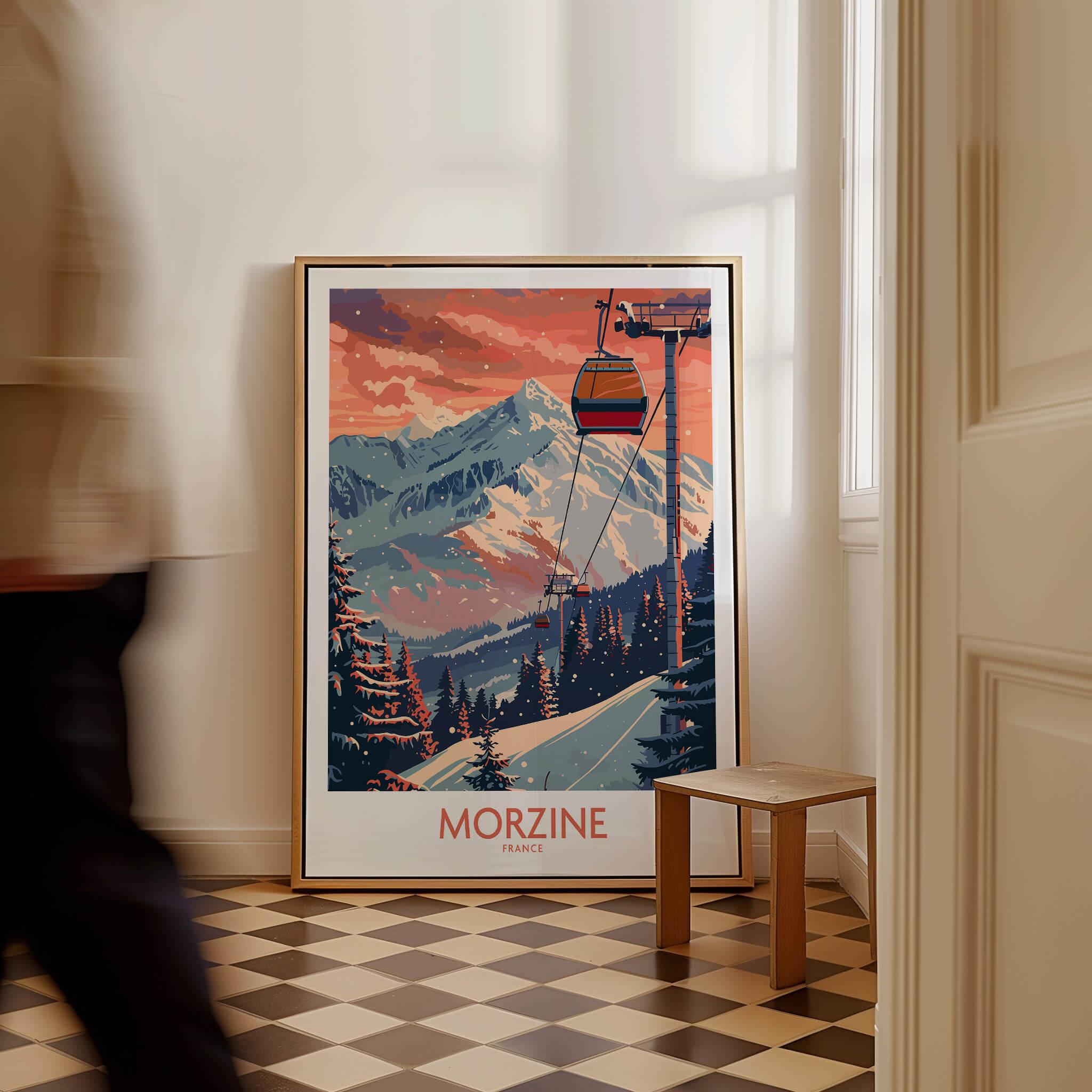 Morzine Poster - Ski Print France displayed in a stylish interior with a scenic mountain backdrop.