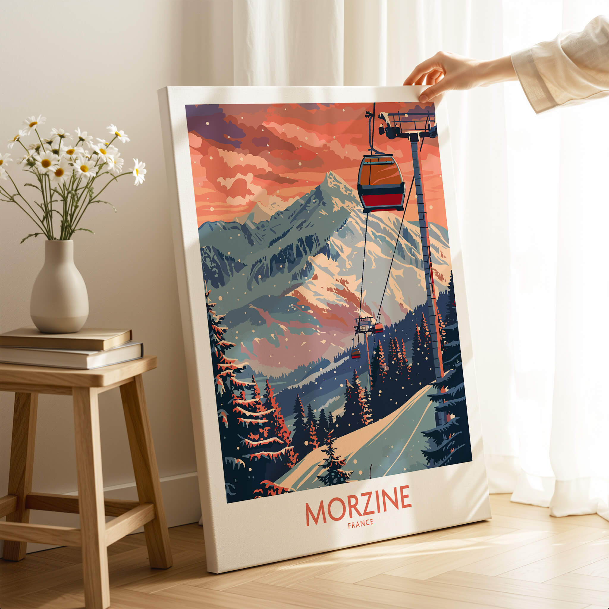 Morzine Poster - Ski Print France showcasing a stunning ski scene from the French Alps with a vibrant sunset.