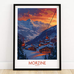 Morzine Poster France showcasing a beautiful mountain sunset with ski lifts and cozy village lights.