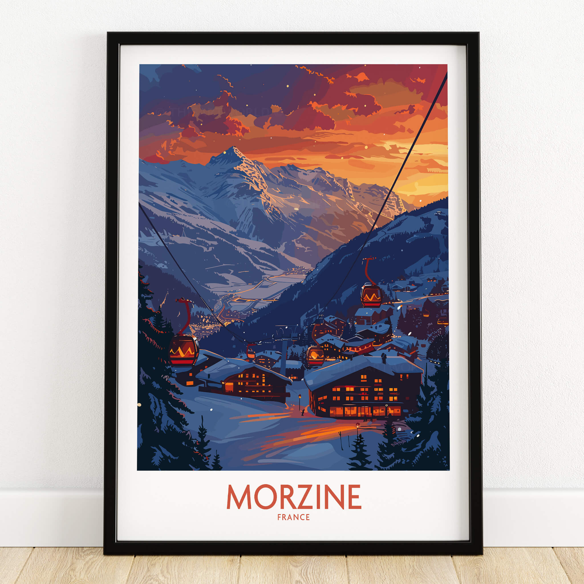 Morzine Poster France showcasing a beautiful mountain sunset with ski lifts and cozy village lights.