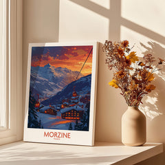 Morzine Poster France featuring a stunning mountain sunset with ski lifts and cozy chalets.