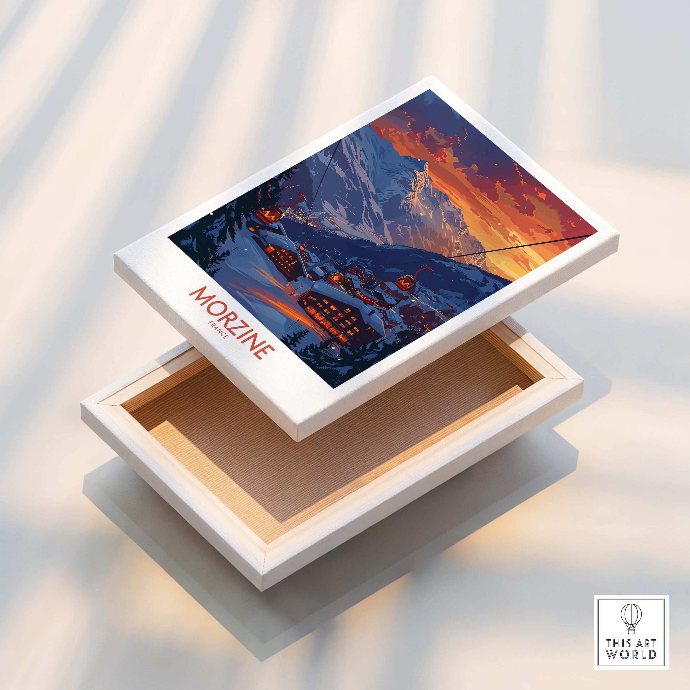 Morzine Poster France displayed on a decorative box showcasing stunning mountain views and ski excitement.