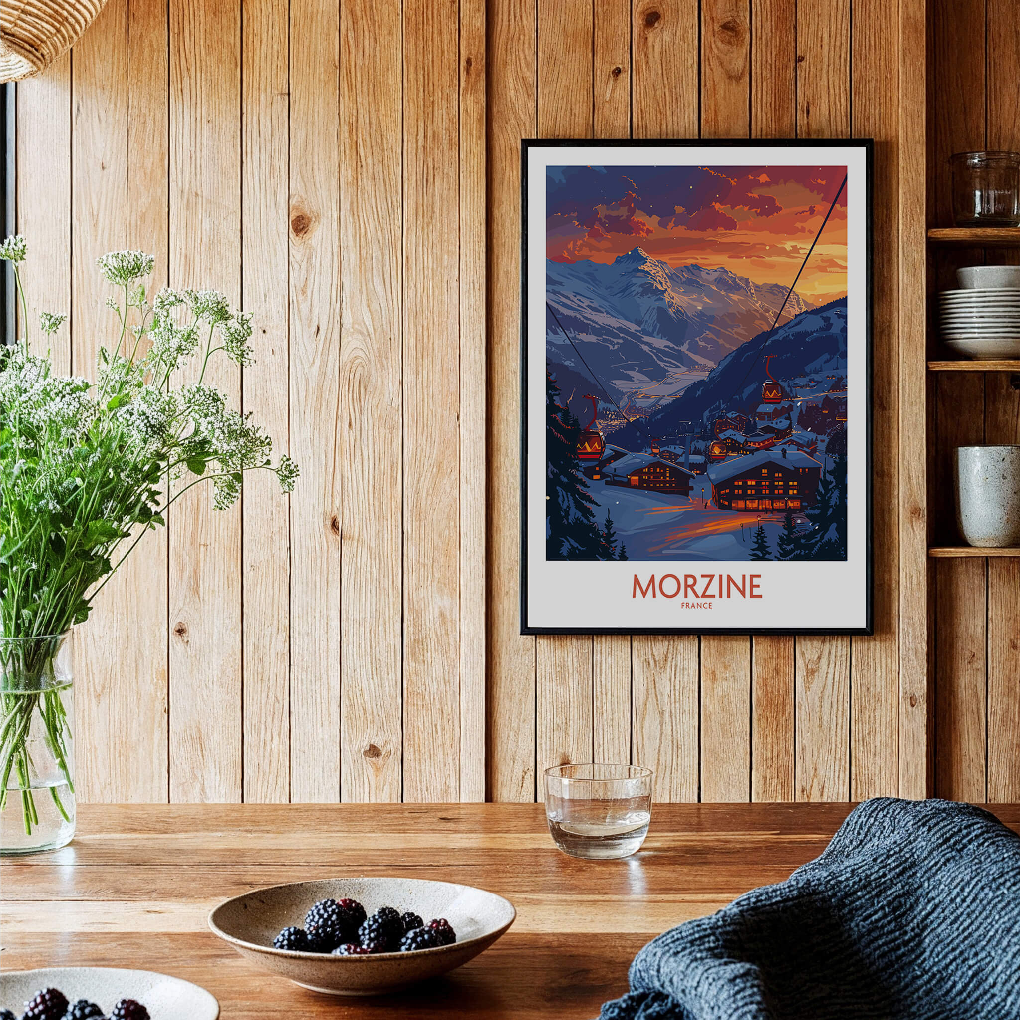 Morzine Poster France showcasing a beautiful ski scene with mountains and cable cars, perfect for ski enthusiasts.
