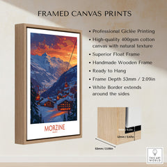 Morzine Poster France framed canvas print showcasing stunning mountain views and ski resort charm.