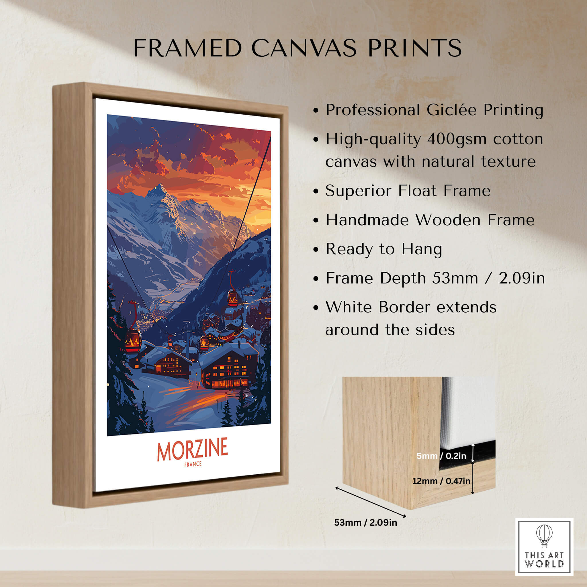 Morzine Poster France framed canvas print showcasing stunning mountain views and ski resort charm.