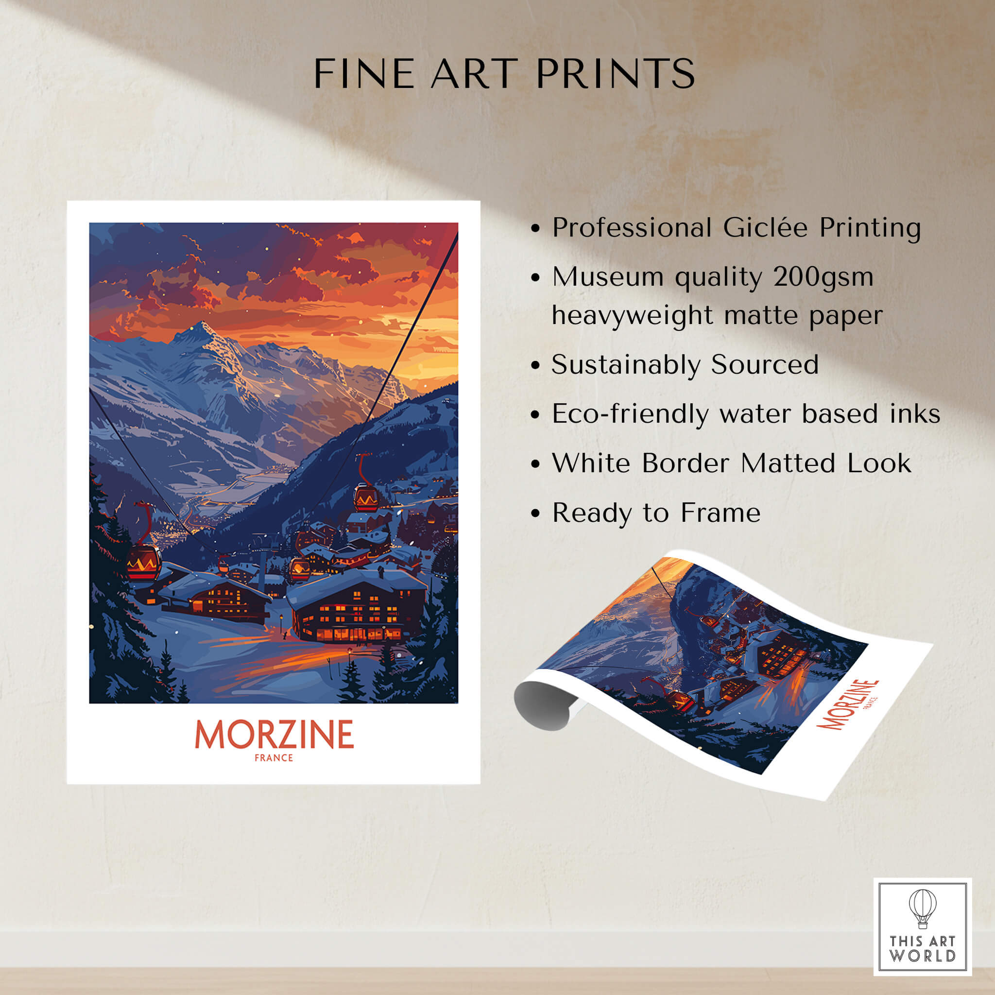 Morzine Poster France showcasing stunning mountain views and ski slopes, perfect wall art for ski enthusiasts.