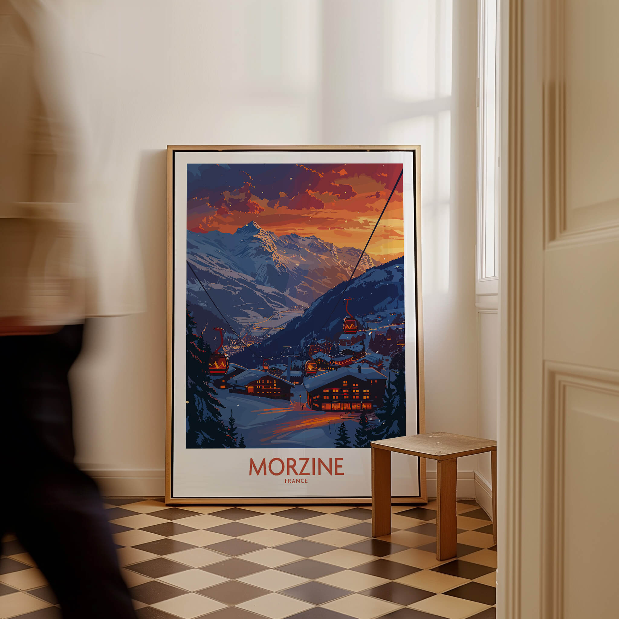 Morzine Poster France displayed in a modern interior, showcasing the stunning mountain landscape and ski resort charm.