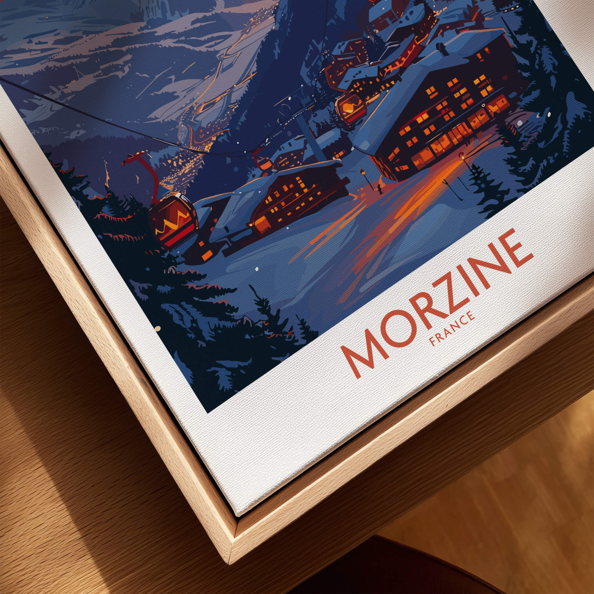 Morzine Poster France showcasing a stunning mountain view with illuminated chalets and ski lifts.