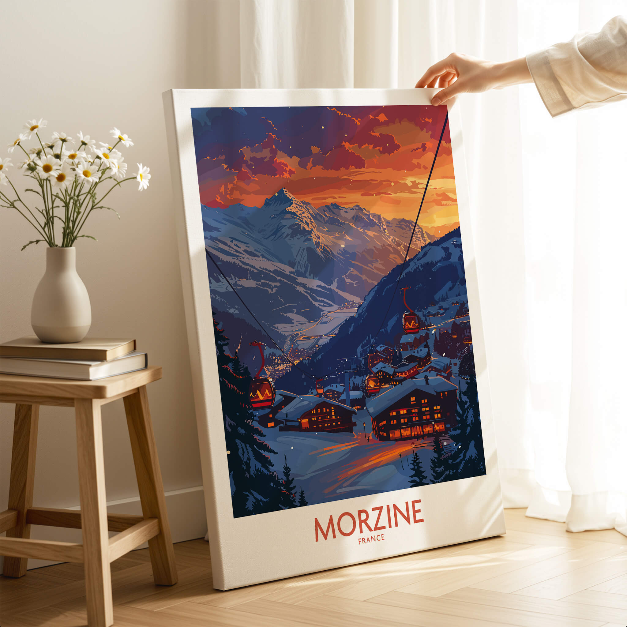 Morzine Poster France featuring a beautiful landscape of Morzine with mountains and ski resorts during sunset.