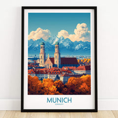 Munich Travel Poster showcasing iconic landmarks and scenery of Munich, Germany in vibrant colors and details.